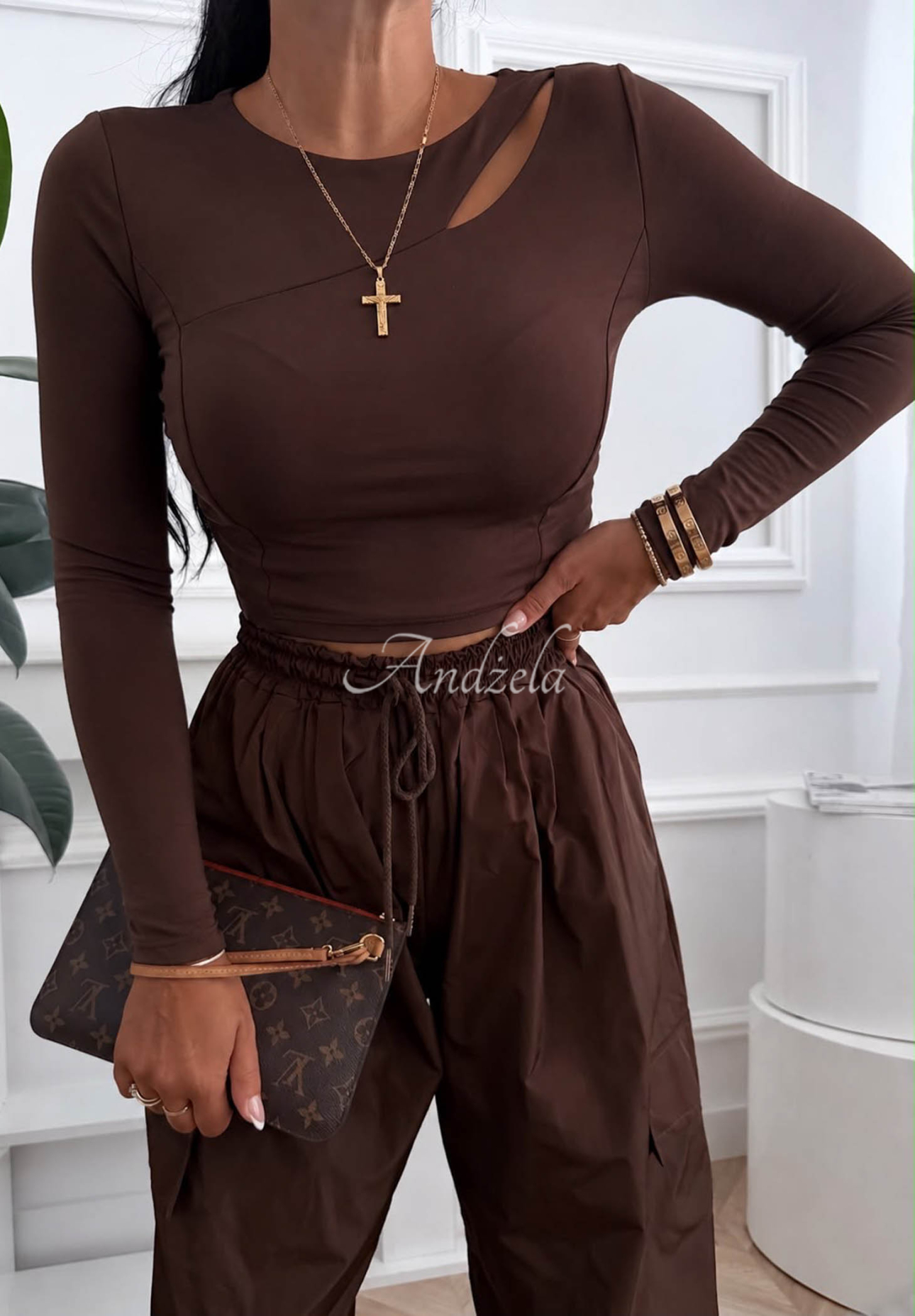 Another Time Chocolate-Colored Viscose Blouse with Cutout