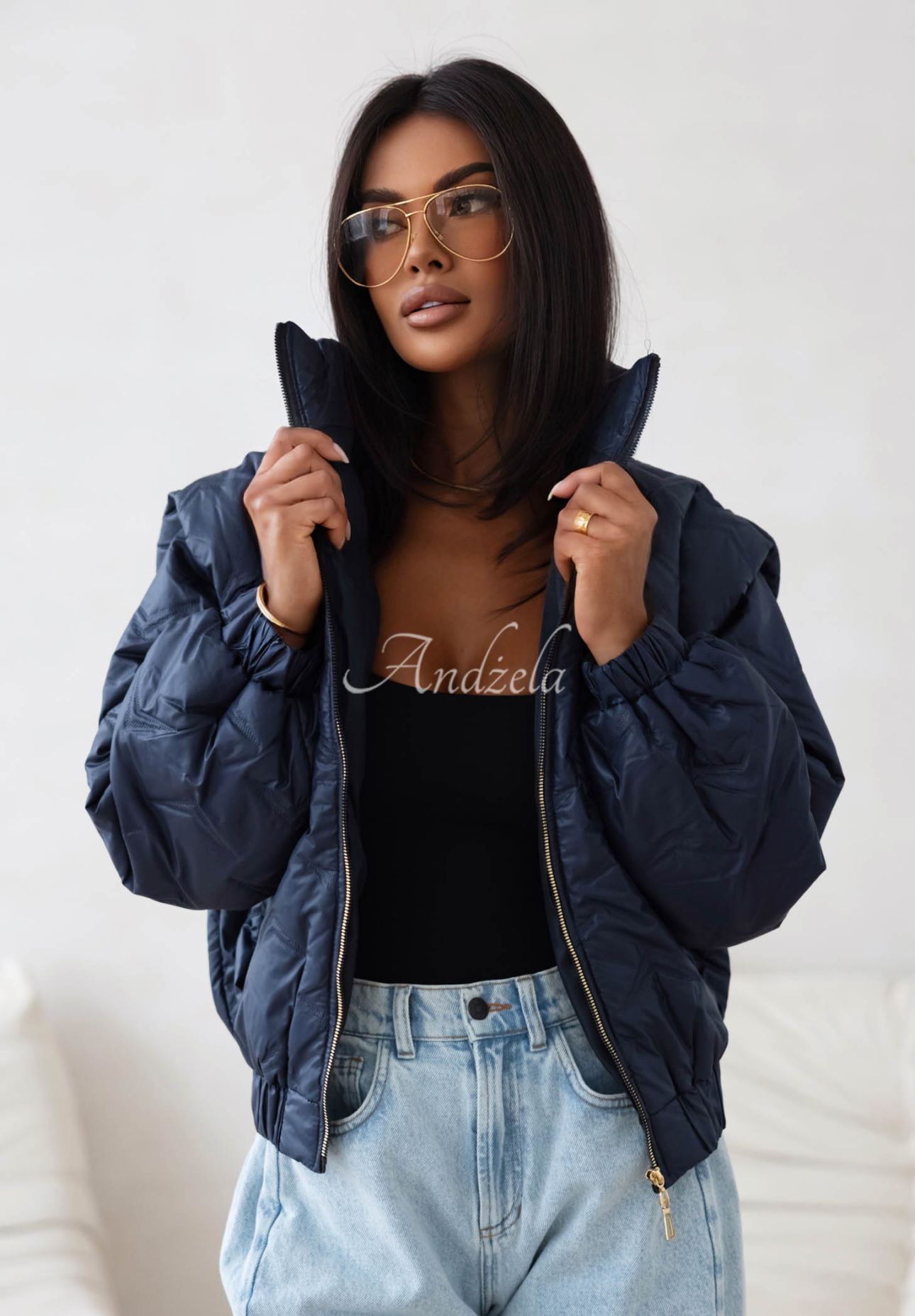 Drizzle Days Short Quilted Bomber Jacket, Navy Blue