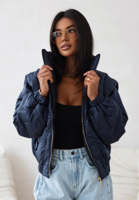 Drizzle Days Short Quilted Bomber Jacket, Navy Blue
