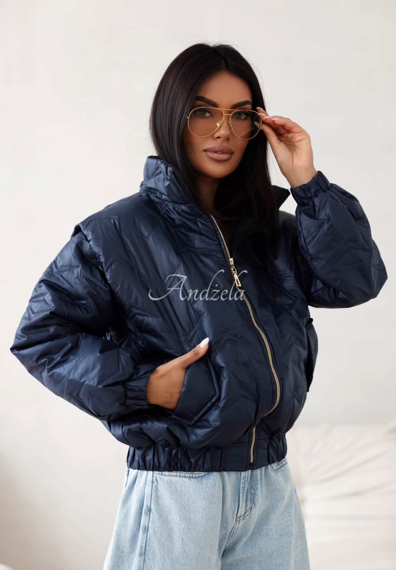 Drizzle Days Short Quilted Bomber Jacket, Navy Blue