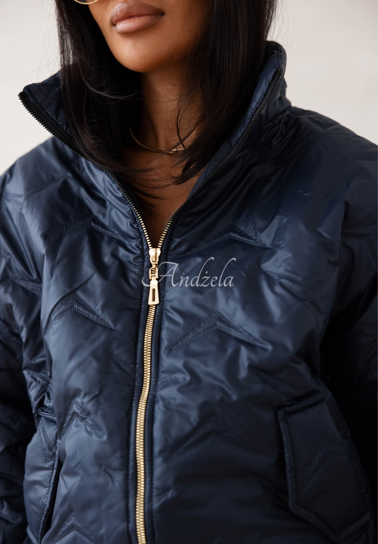 Drizzle Days Short Quilted Bomber Jacket, Navy Blue