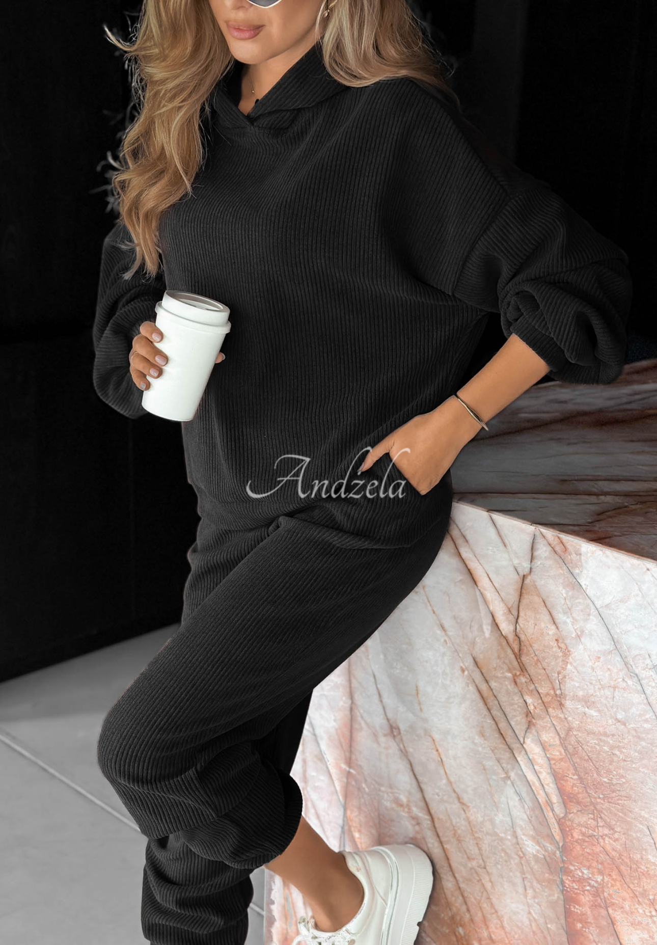 Quiet Confidence Black Cotton Corduroy Hoodie and Pants Set
