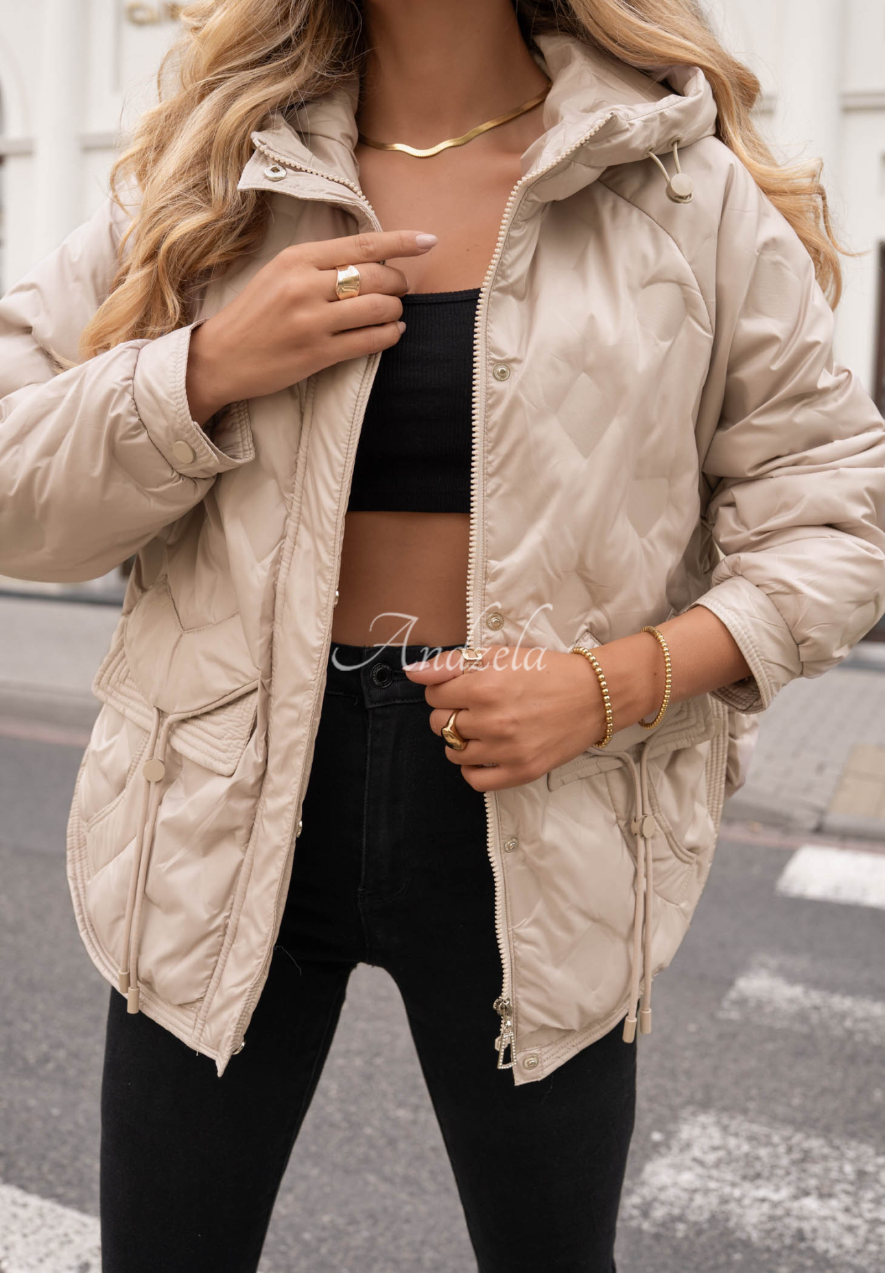 Autumn Escape Beige Quilted Hooded Jacket
