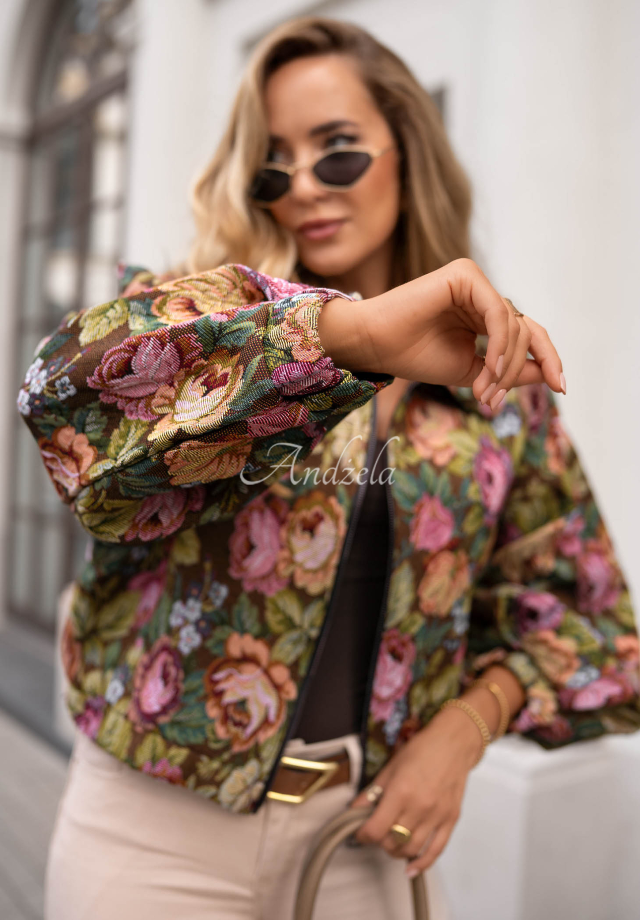 Autumn Select Short Jacquard Floral Bomber Jacket in Chocolate Brown