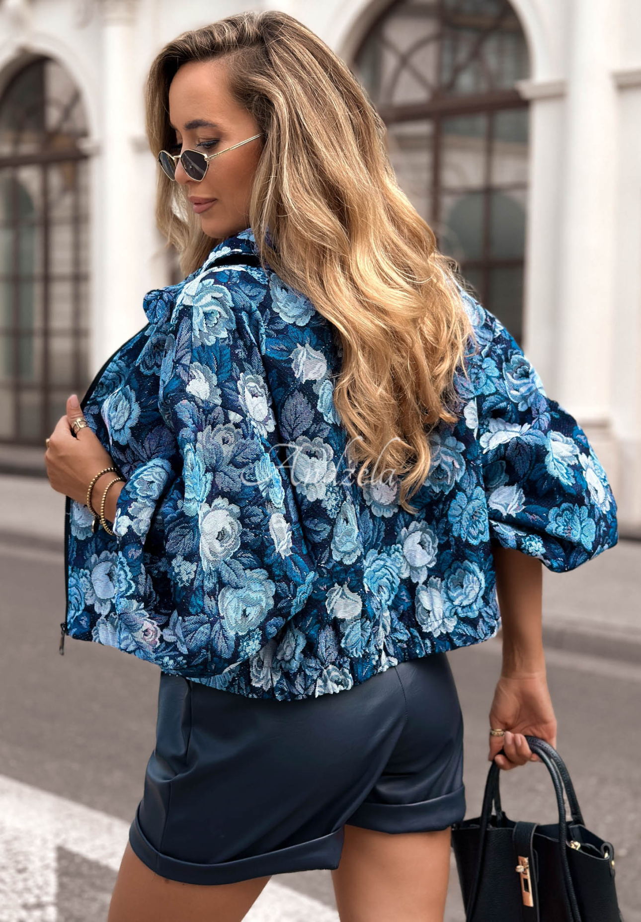 Autumn Select Short Floral Jacquard Bomber Jacket, Blue