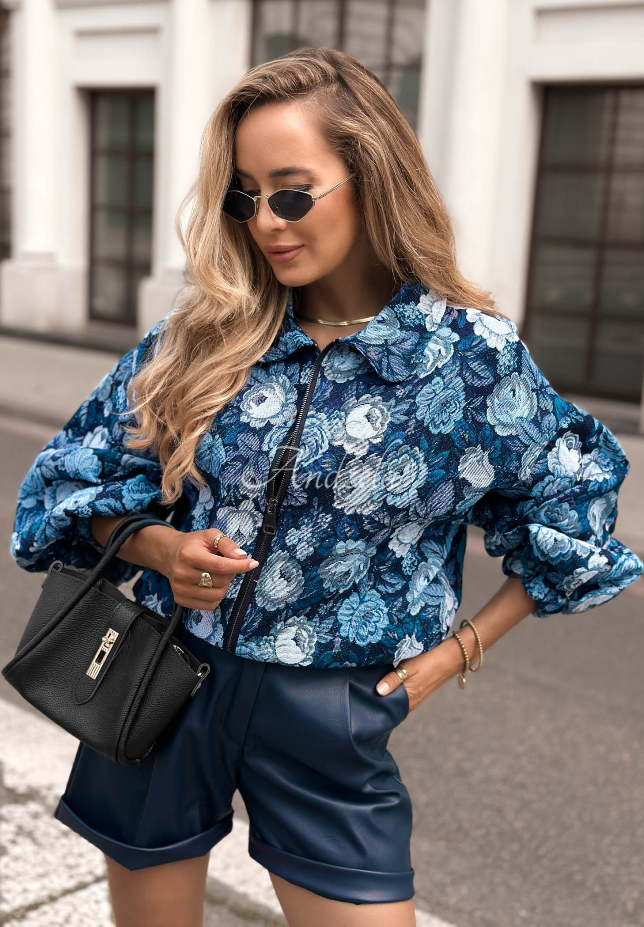 Autumn Select Short Floral Jacquard Bomber Jacket, Blue