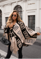 Chusta ponczo oversize we wzory No Reply beżowo-czarny