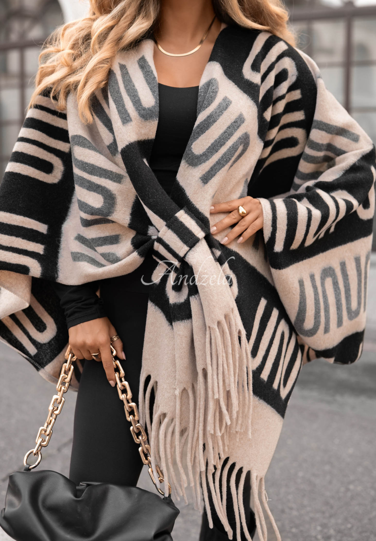 Beige and Black "No Reply" Patterned Wool Poncho Scarf