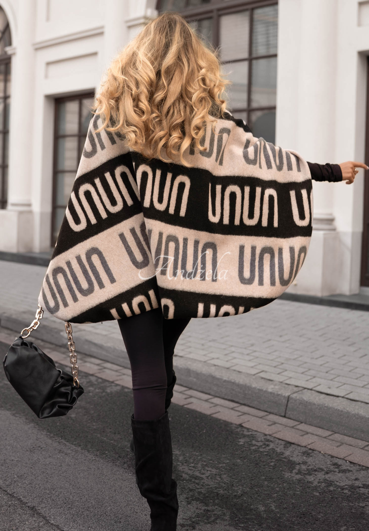Beige and Black "No Reply" Patterned Wool Poncho Scarf