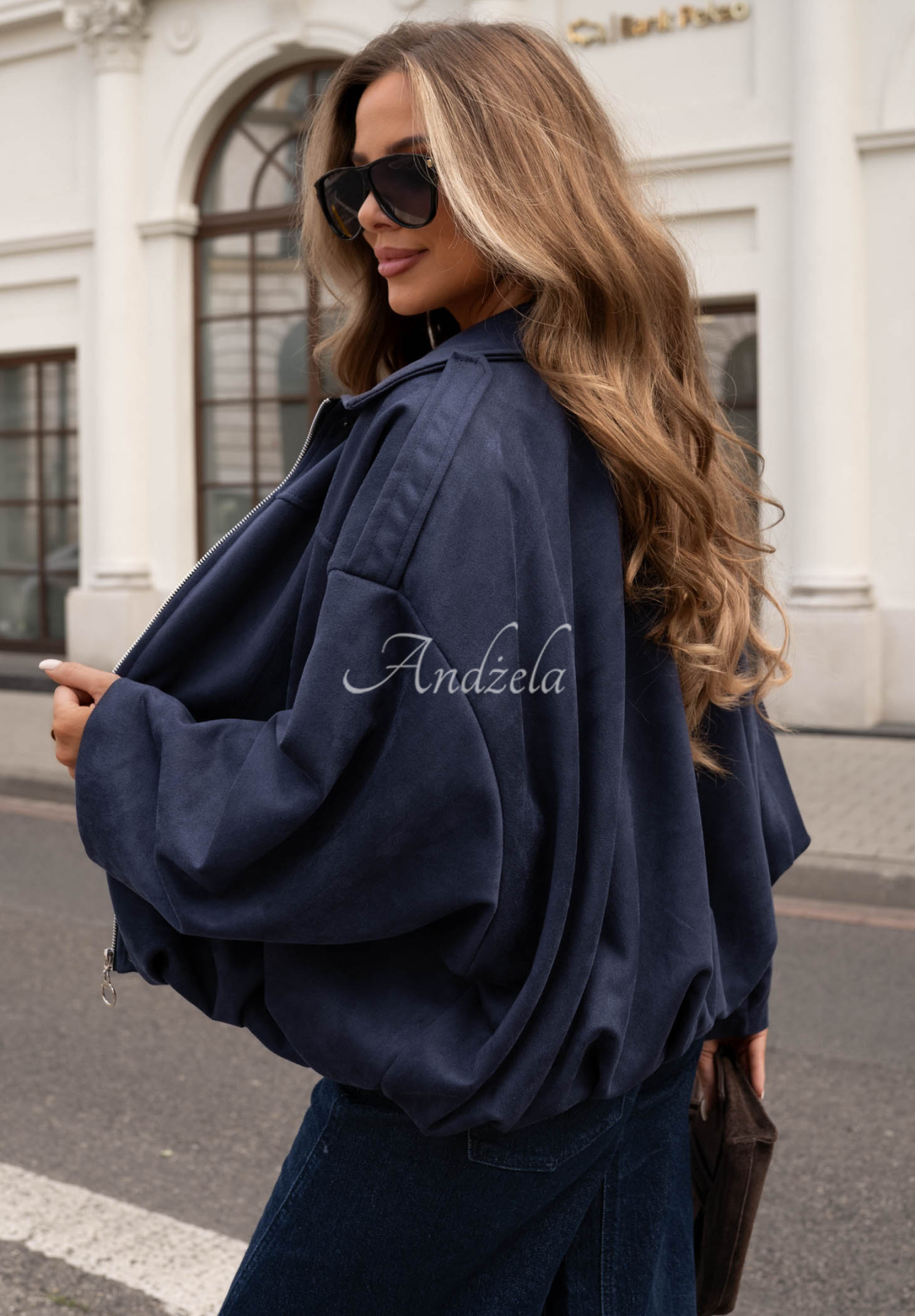 Early Season Oversized Suede Bomber Jacket, Navy Blue