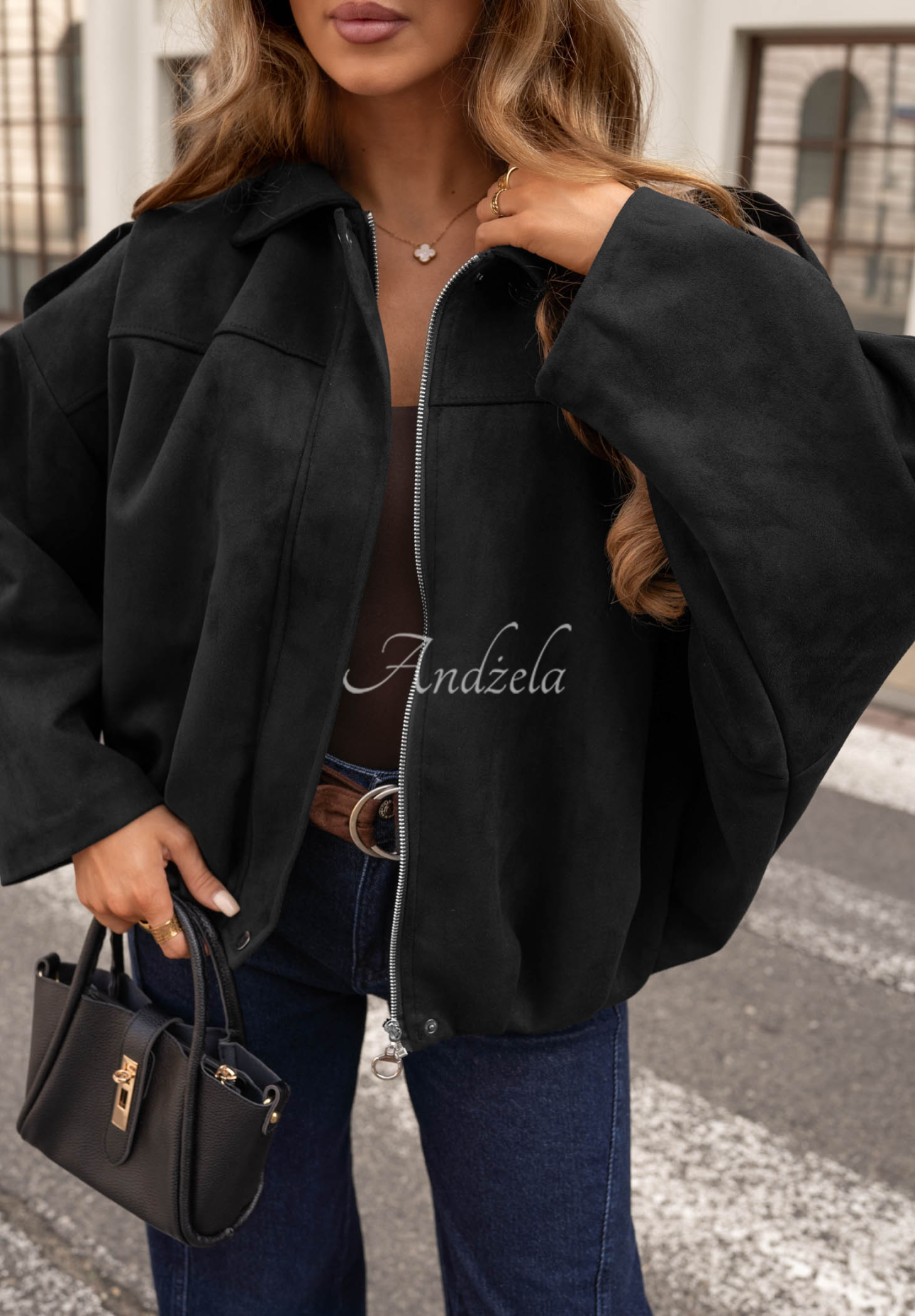Early Season Oversized Suede Bomber Jacket, Black