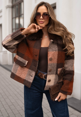 Autumn Mood Short Checkered Coat with Wool and Fur, Chocolate-Gray