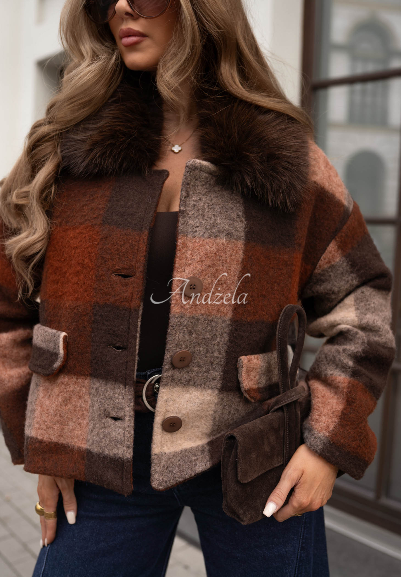 Autumn Mood Short Checkered Coat with Wool and Fur, Chocolate-Gray