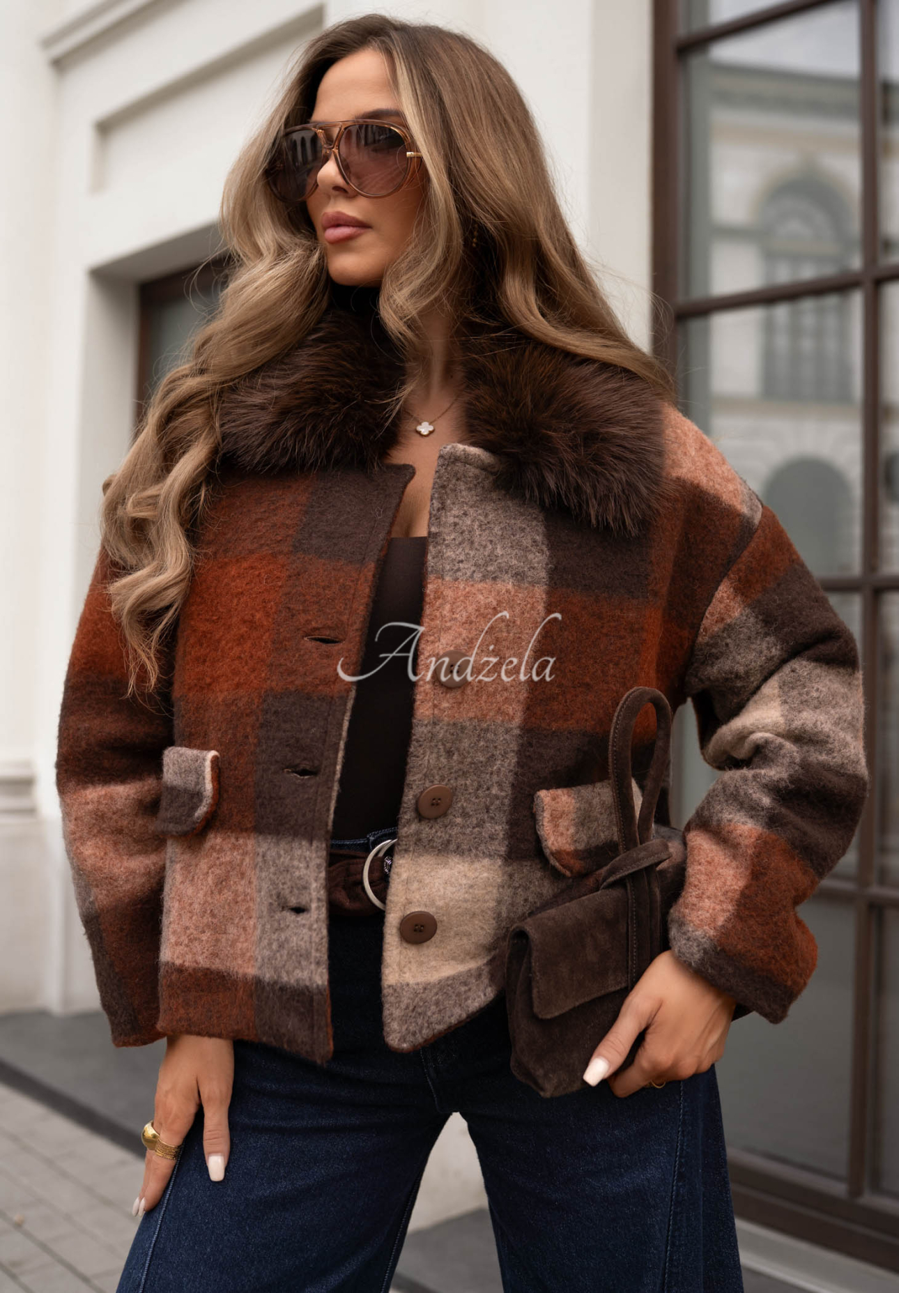 Autumn Mood Short Checkered Coat with Wool and Fur, Chocolate-Gray