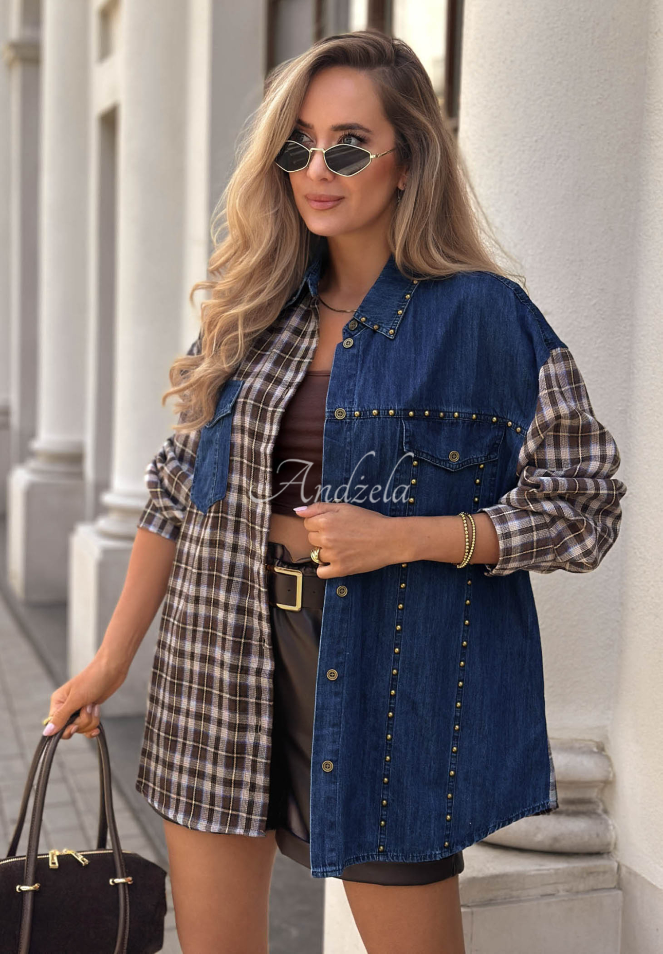Rainy Charm Blue and Chocolate-Brown Denim Checkered Shirt