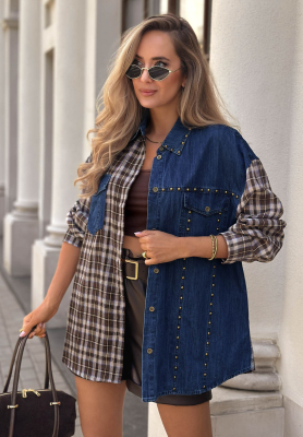 Rainy Charm Blue and Chocolate-Brown Denim Checkered Shirt