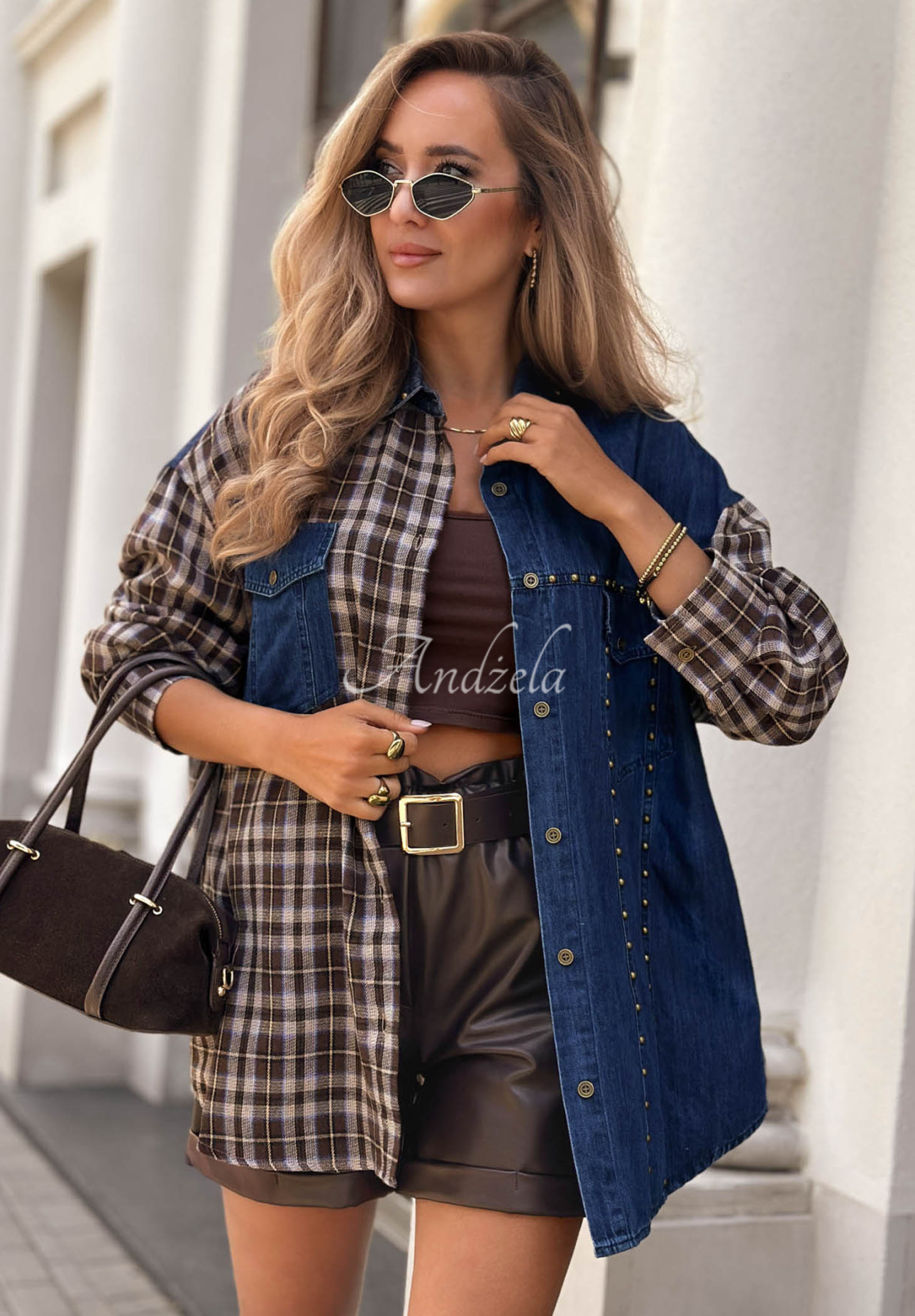 Rainy Charm Blue and Chocolate-Brown Denim Checkered Shirt