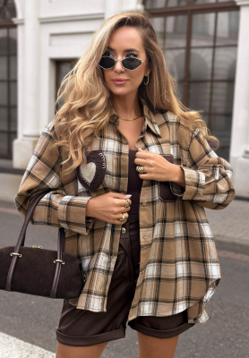 Just Perfect camel-colored plaid shirt with decorative appliqué
