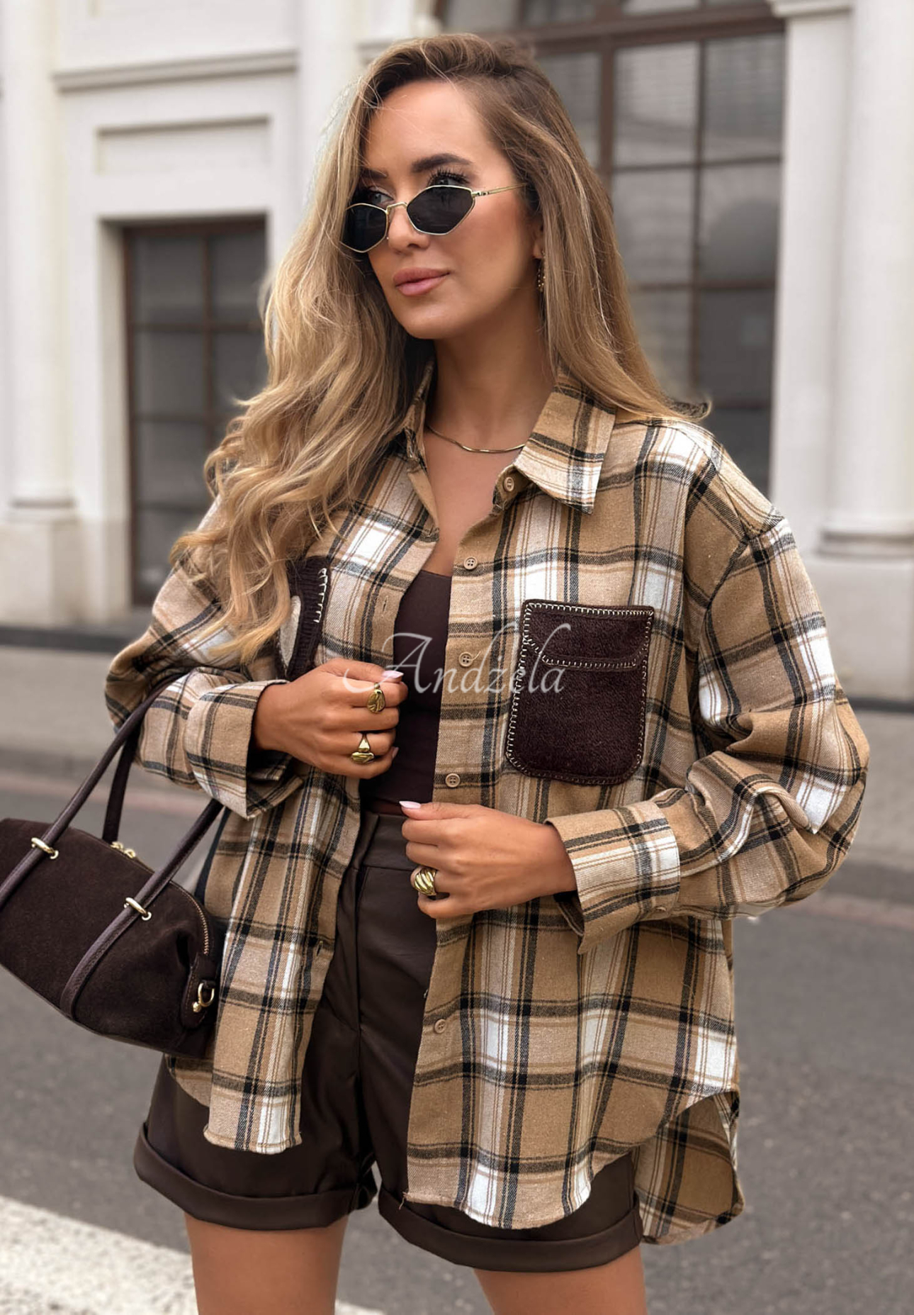 Just Perfect camel-colored plaid shirt with decorative appliqué