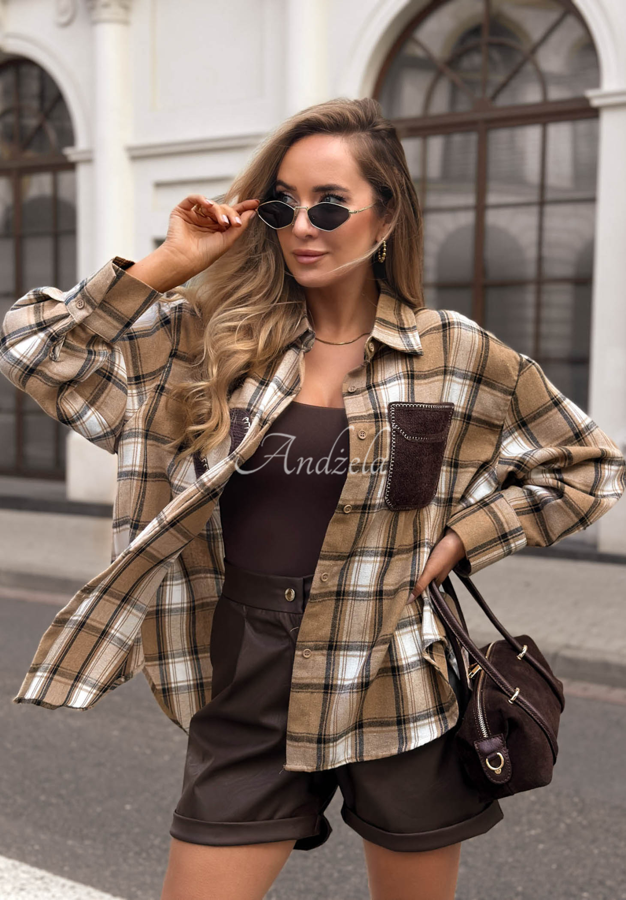 Just Perfect camel-colored plaid shirt with decorative appliqué