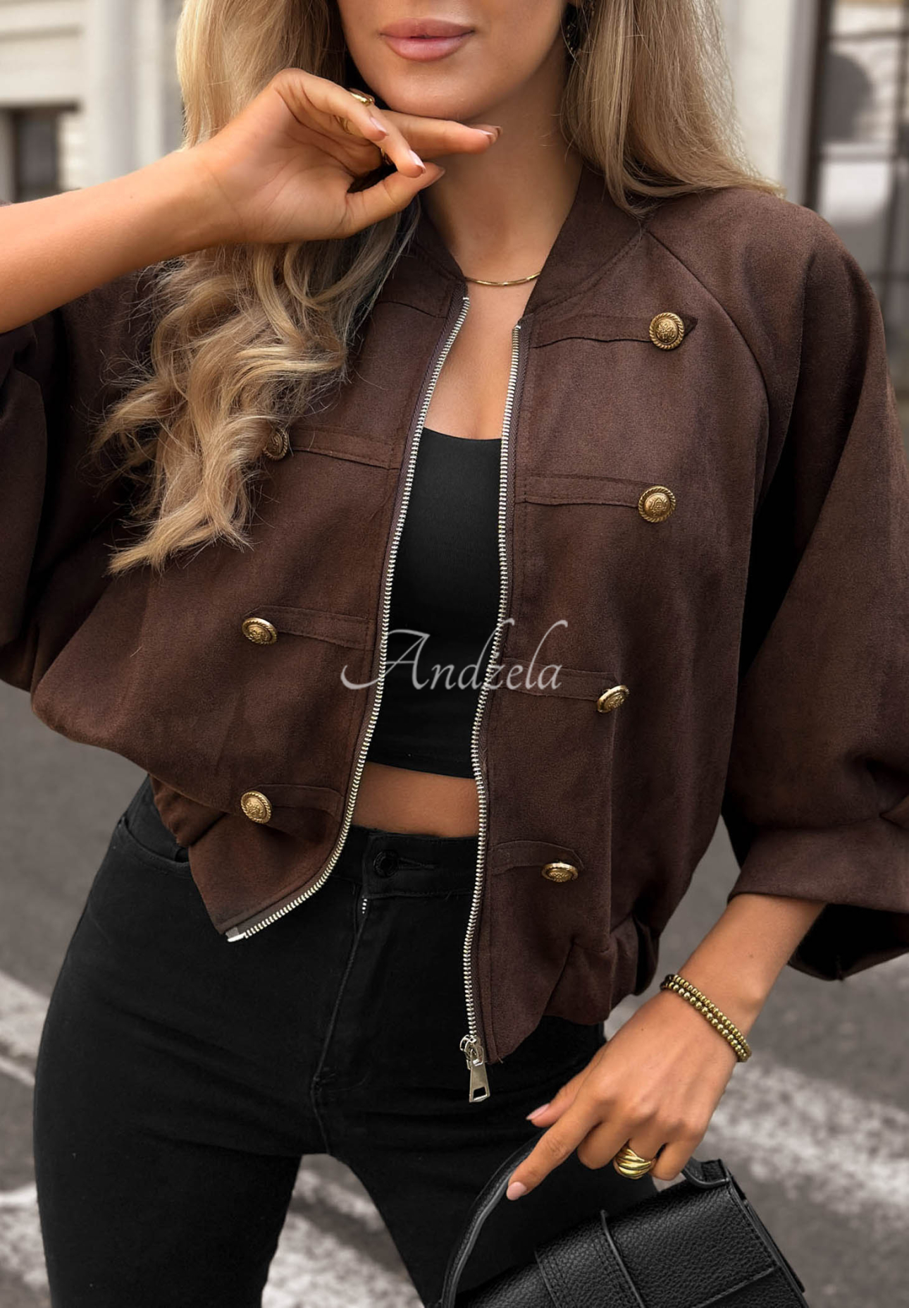 Elegant Force Chocolate-Brown Suede Napoleon Jacket