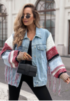 Jeansowa kurtka katana ze sweterkowymi rękawami Modern Knit jasnoniebieska