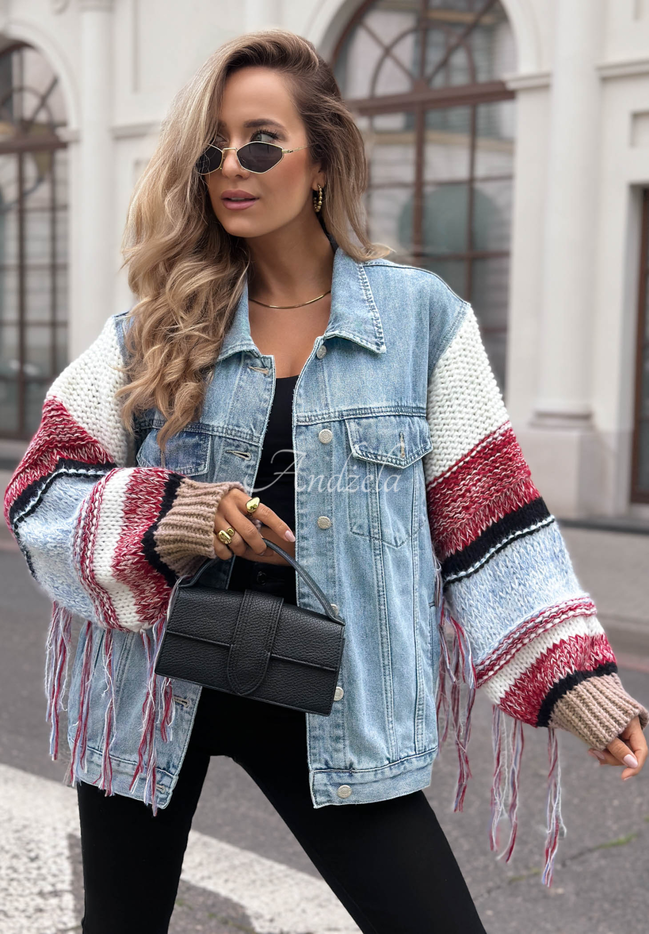 Light Blue Modern Knit Denim Katana Jacket with Sweater Sleeves