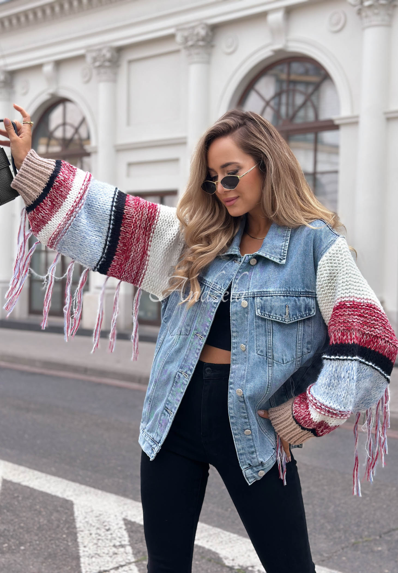 Light Blue Modern Knit Denim Katana Jacket with Sweater Sleeves
