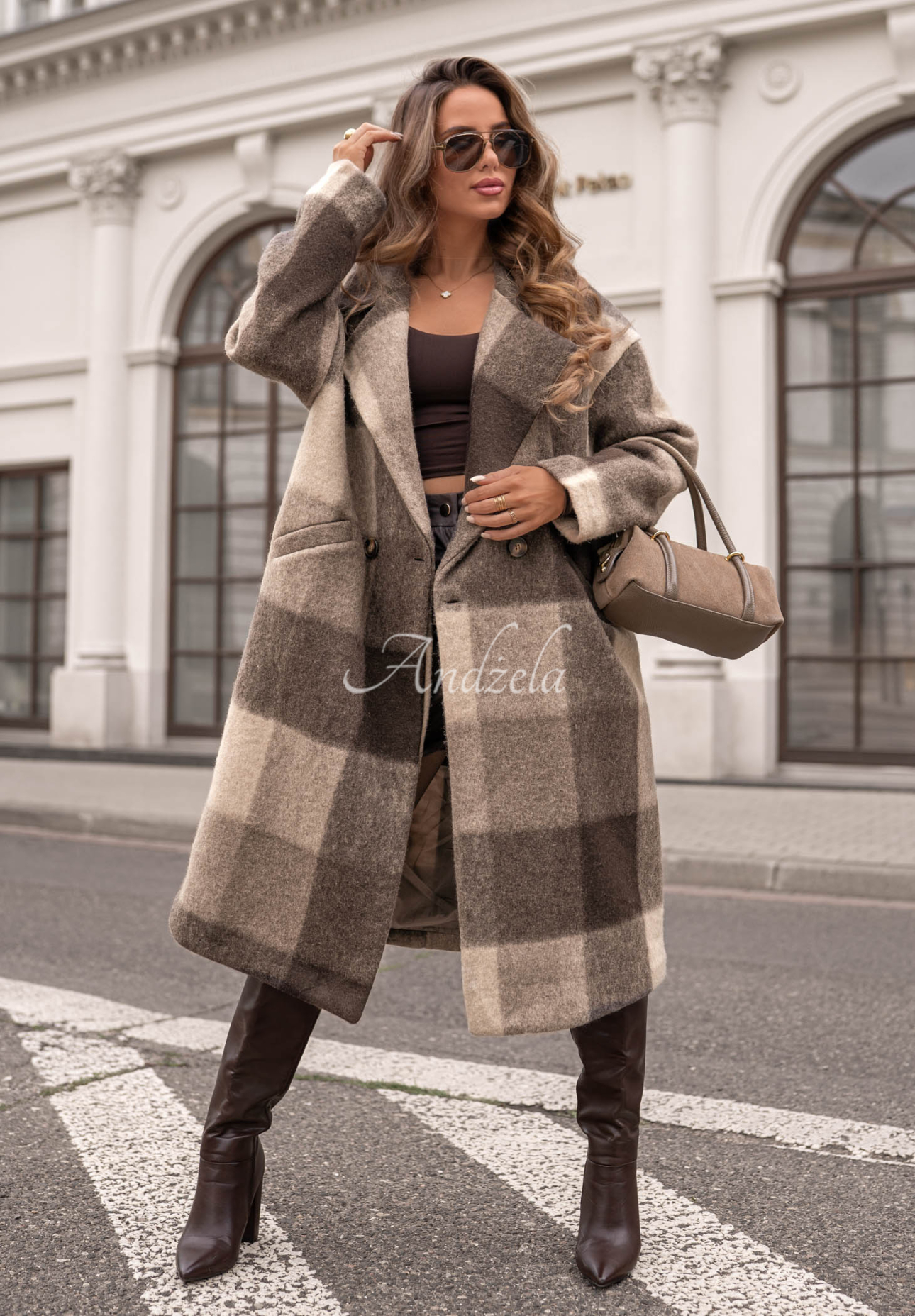 Leaves Are Falling Long Checked Wool Coat in Chocolate-Beige
