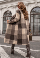 Long Coat w kratę z wełną Leaves Are Falling czekoladowo-beige
