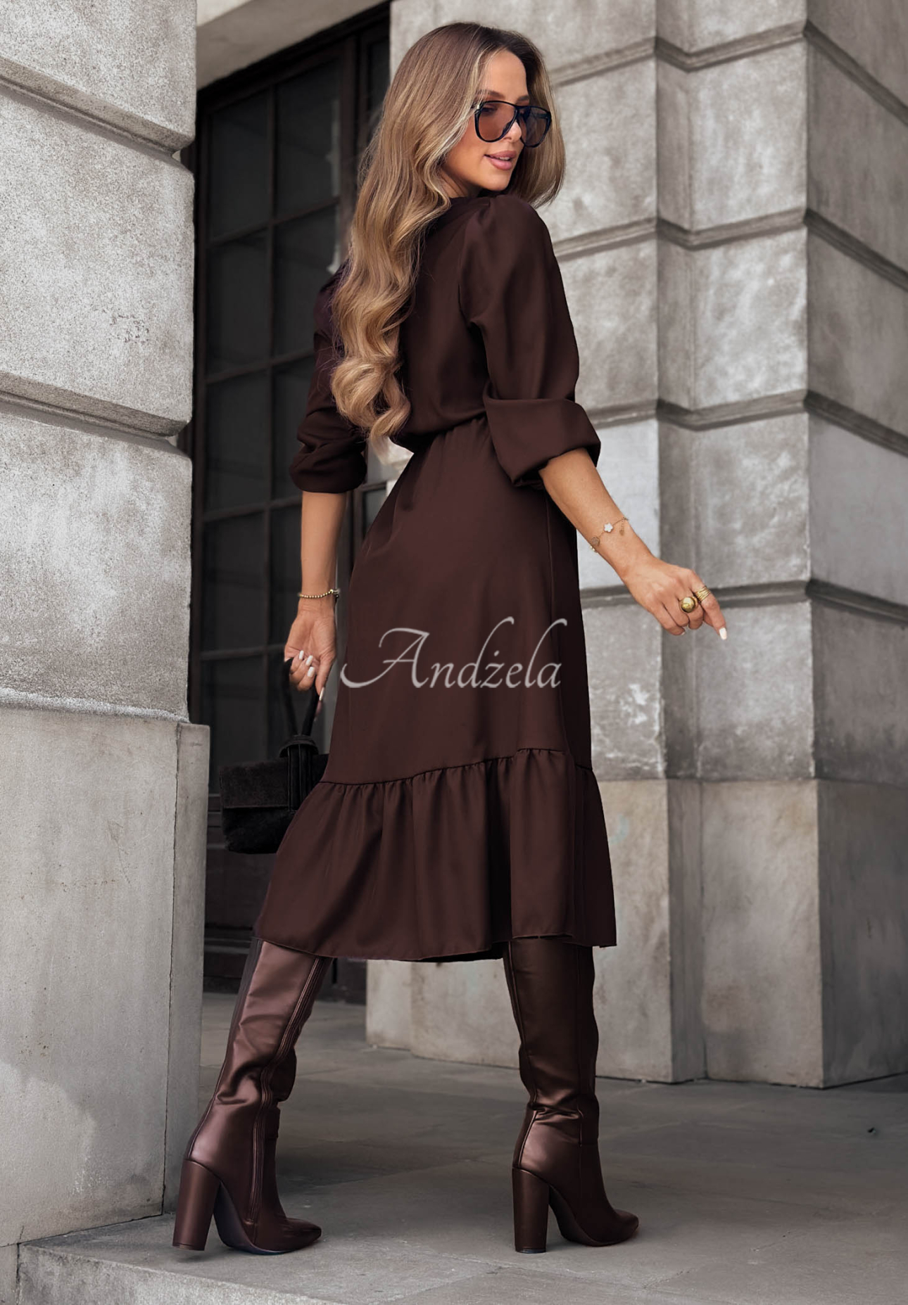 True Elegance Chocolate-Colored Midi Dress with Viscose and Ruffles