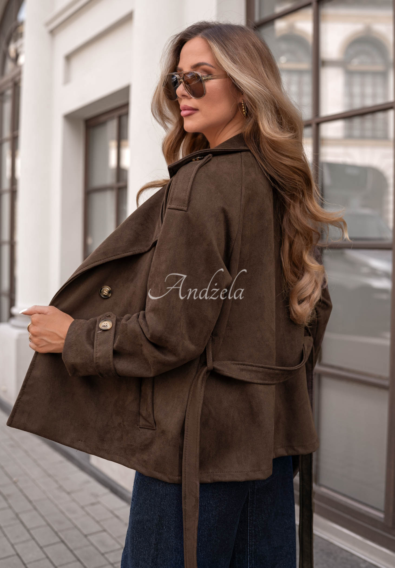 Fog Season Short Suede Coat with Belt in Chocolate Brown