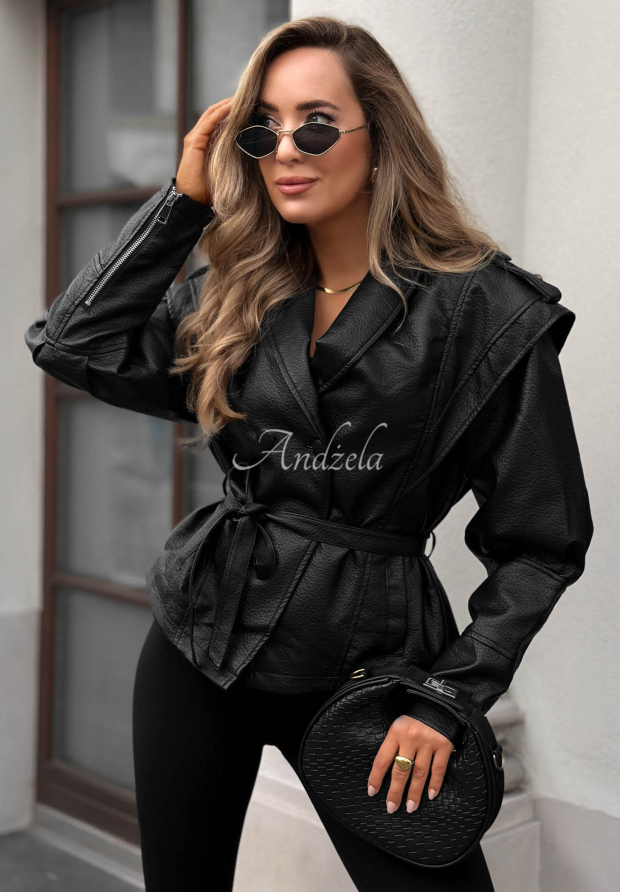 Warm Harmony Short Leather Coat with Belt, Black