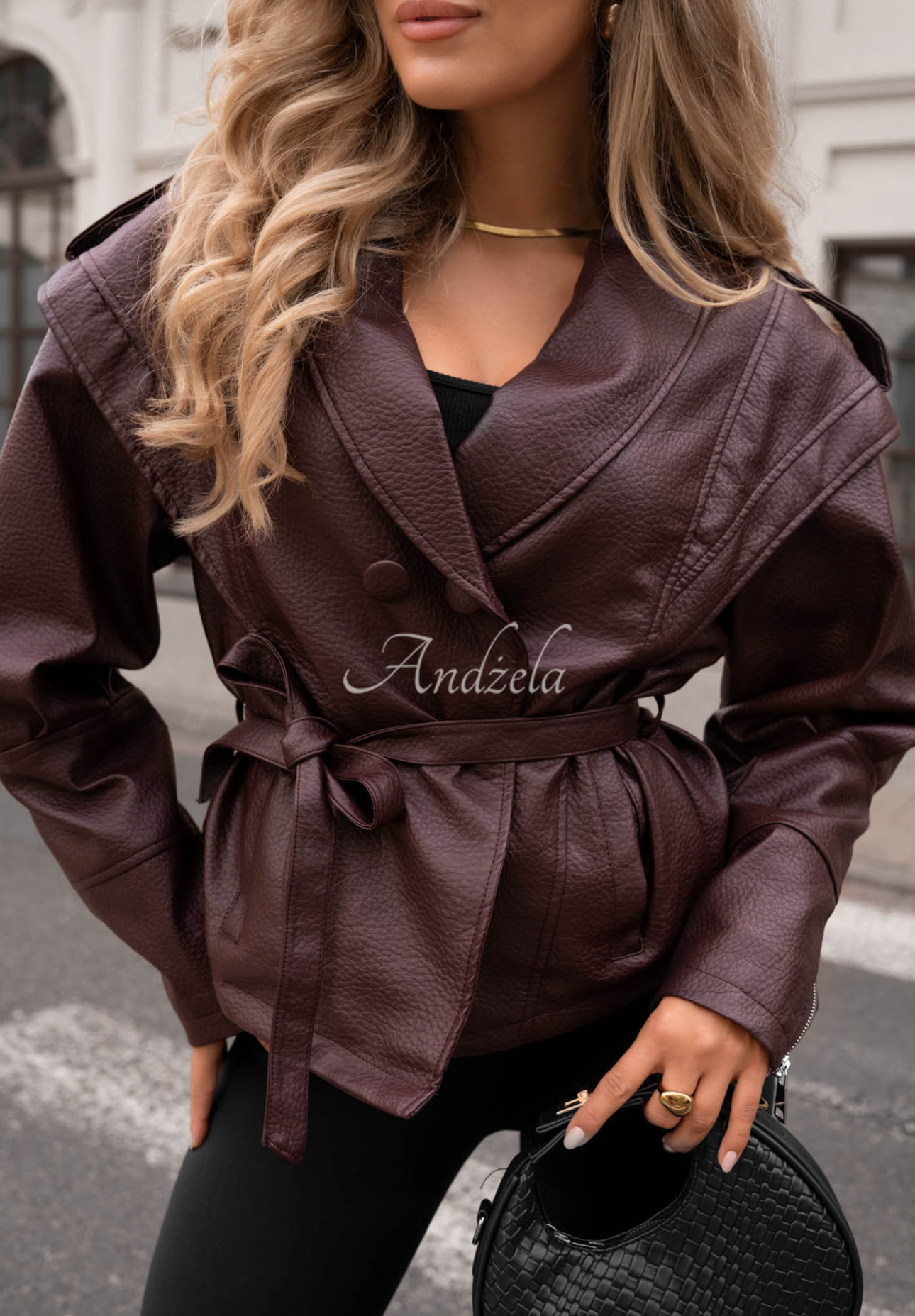 Warm Harmony Burgundy Short Leather Coat with Belt