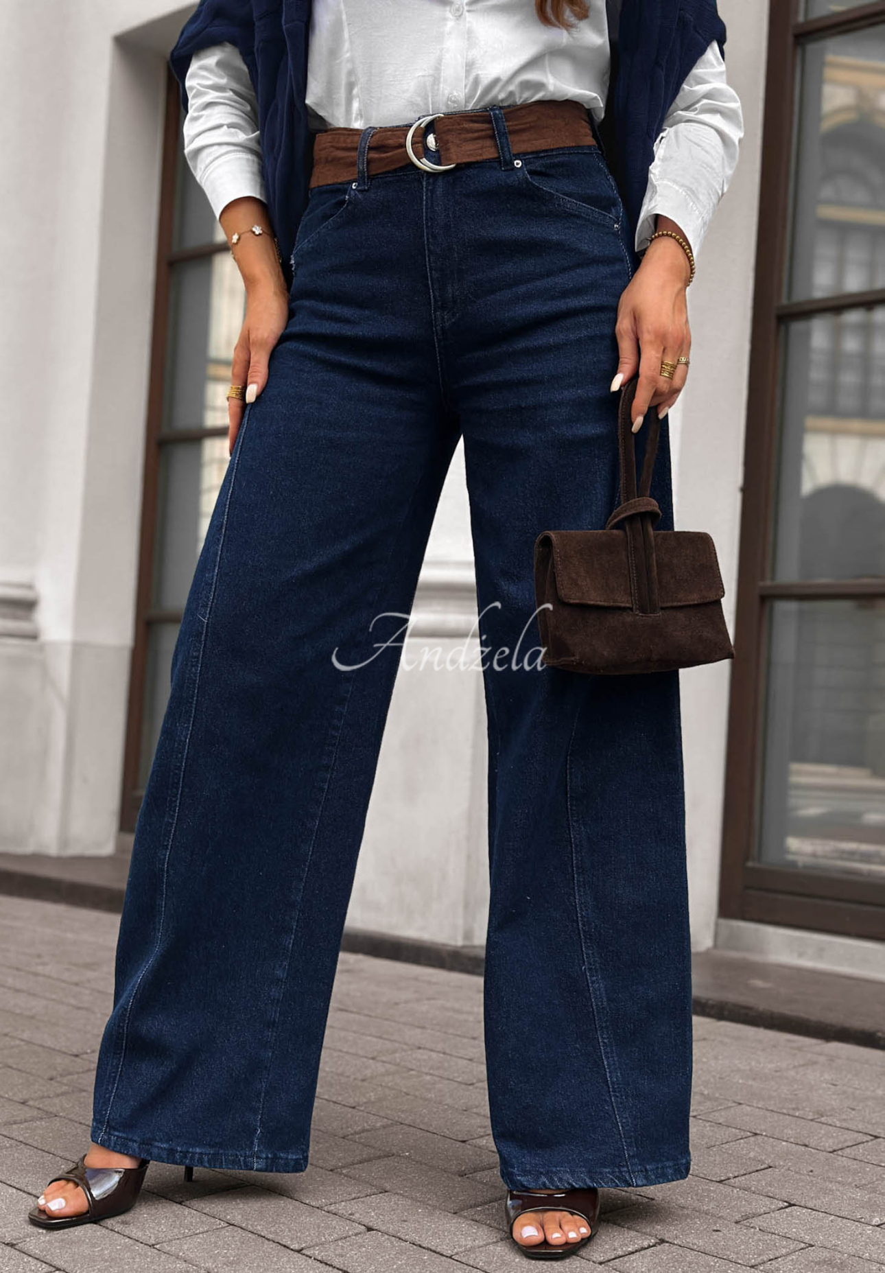 Spodnie jeansowe wide leg z paskiem Urban Flam granatowe