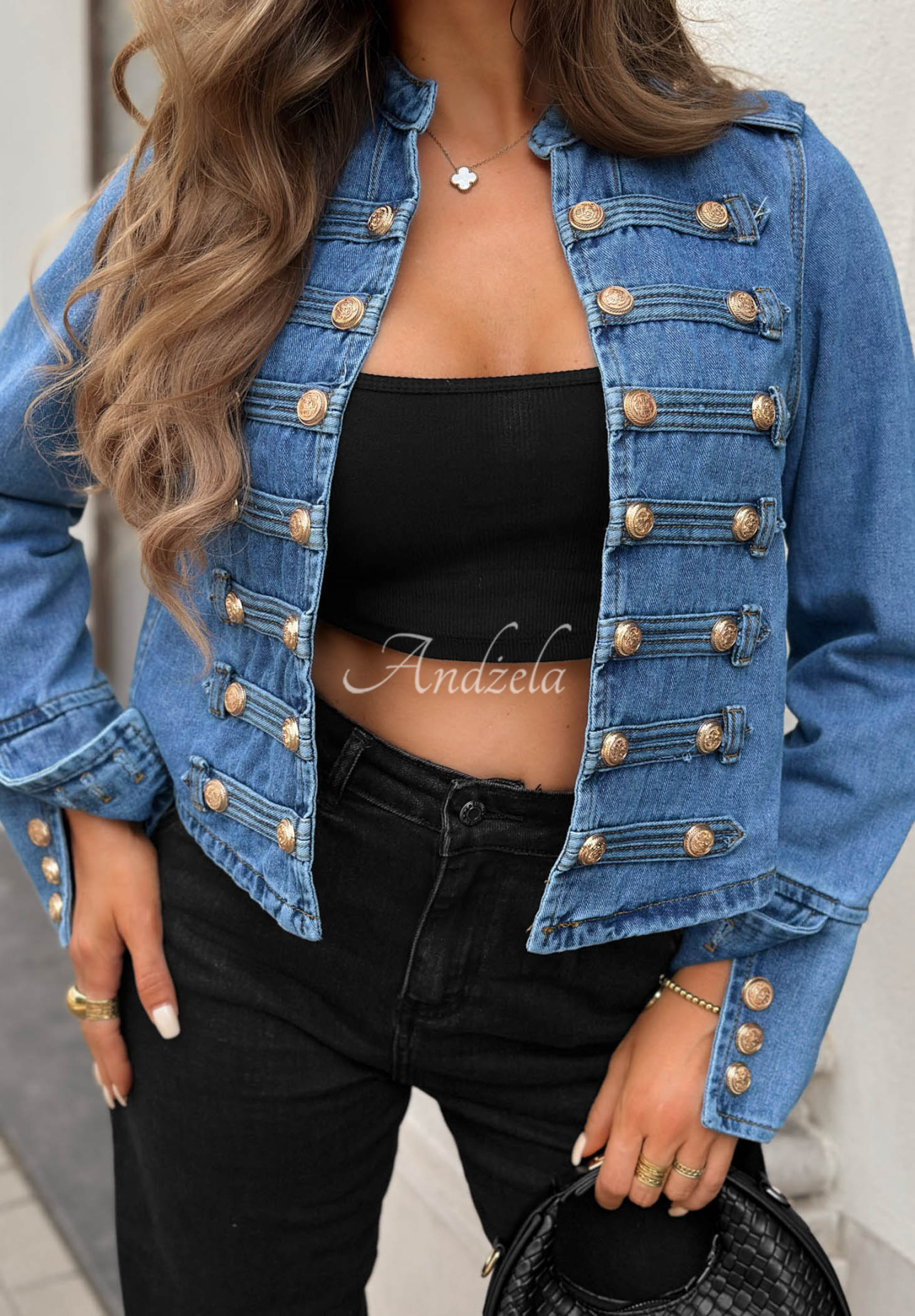 Short denim Napoleon jacket with buttons, "Your Choice" blue