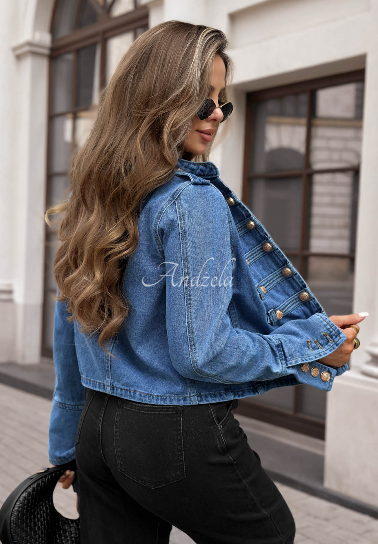 Short denim Napoleon jacket with buttons, "Your Choice" blue
