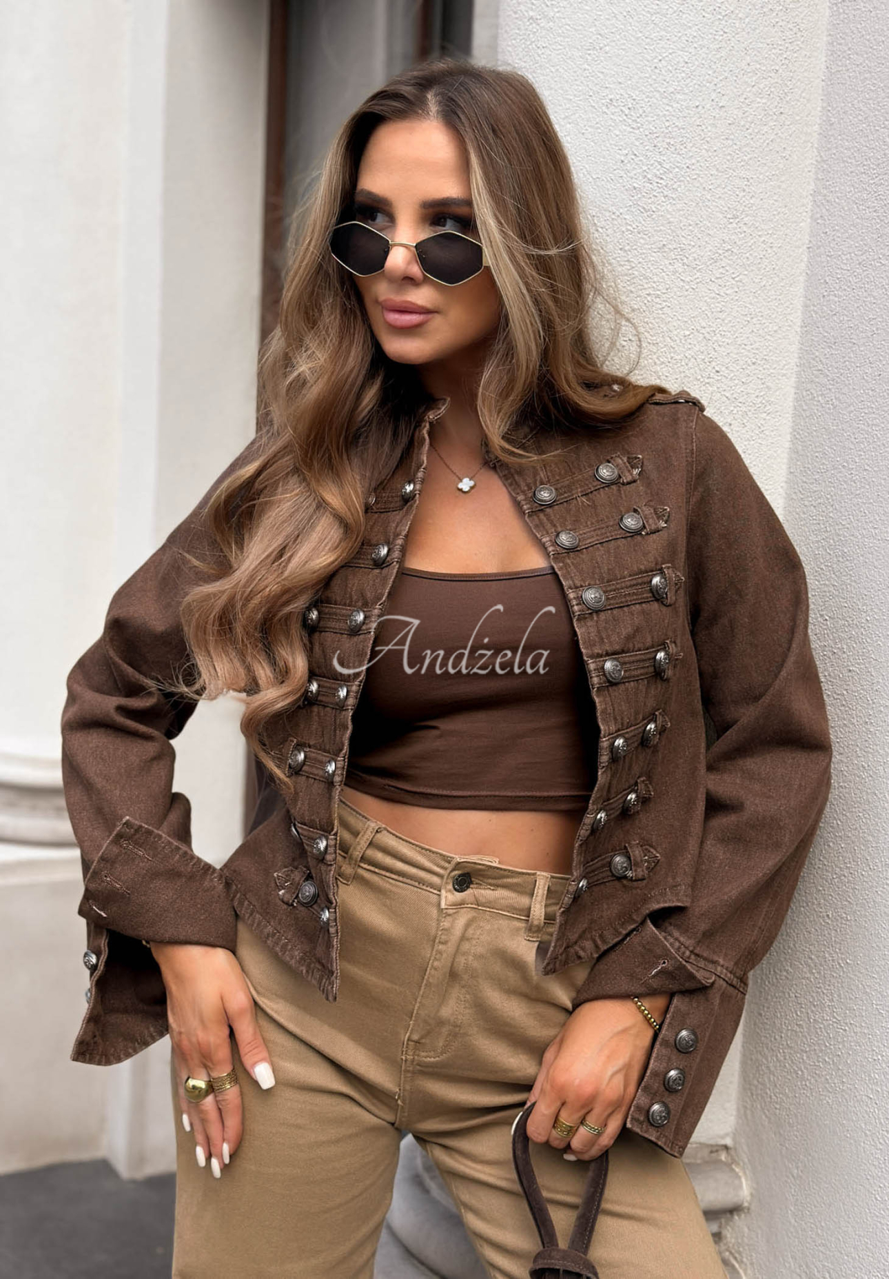 Short denim blazer with buttons by Amber Tea in chocolate brown