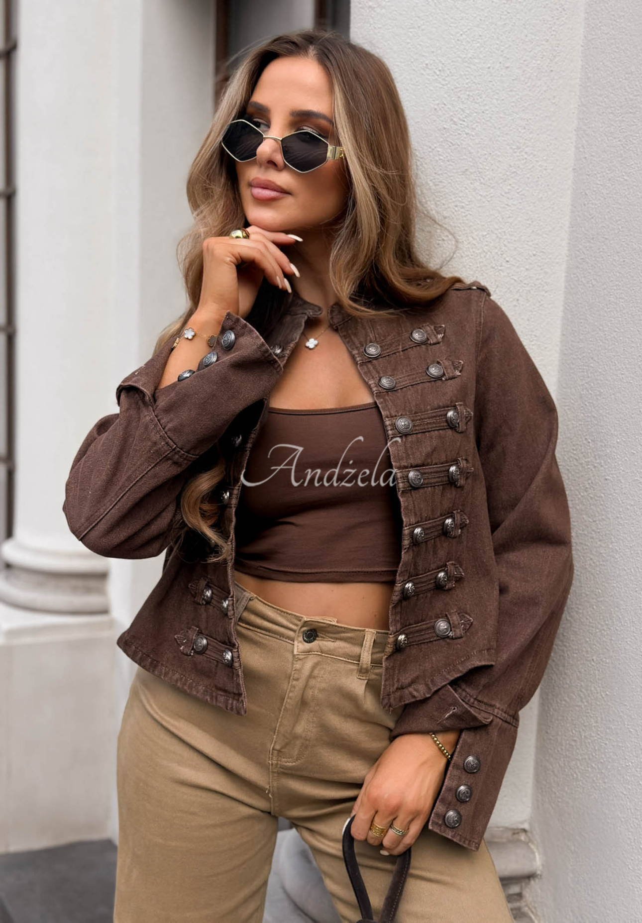 Short denim blazer with buttons by Amber Tea in chocolate brown