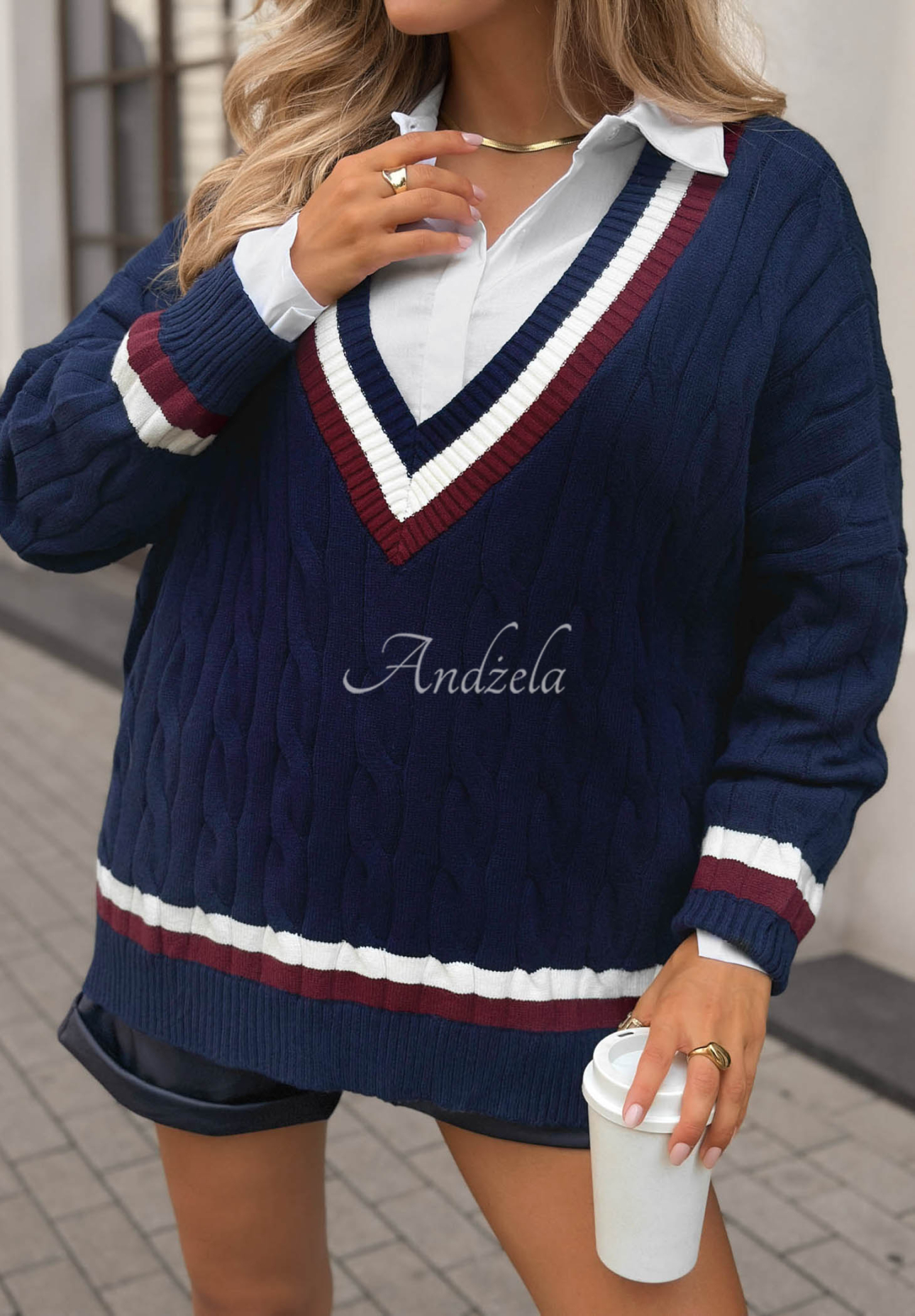 Casual Girl Navy Blue Oversized Sweater with Viscose