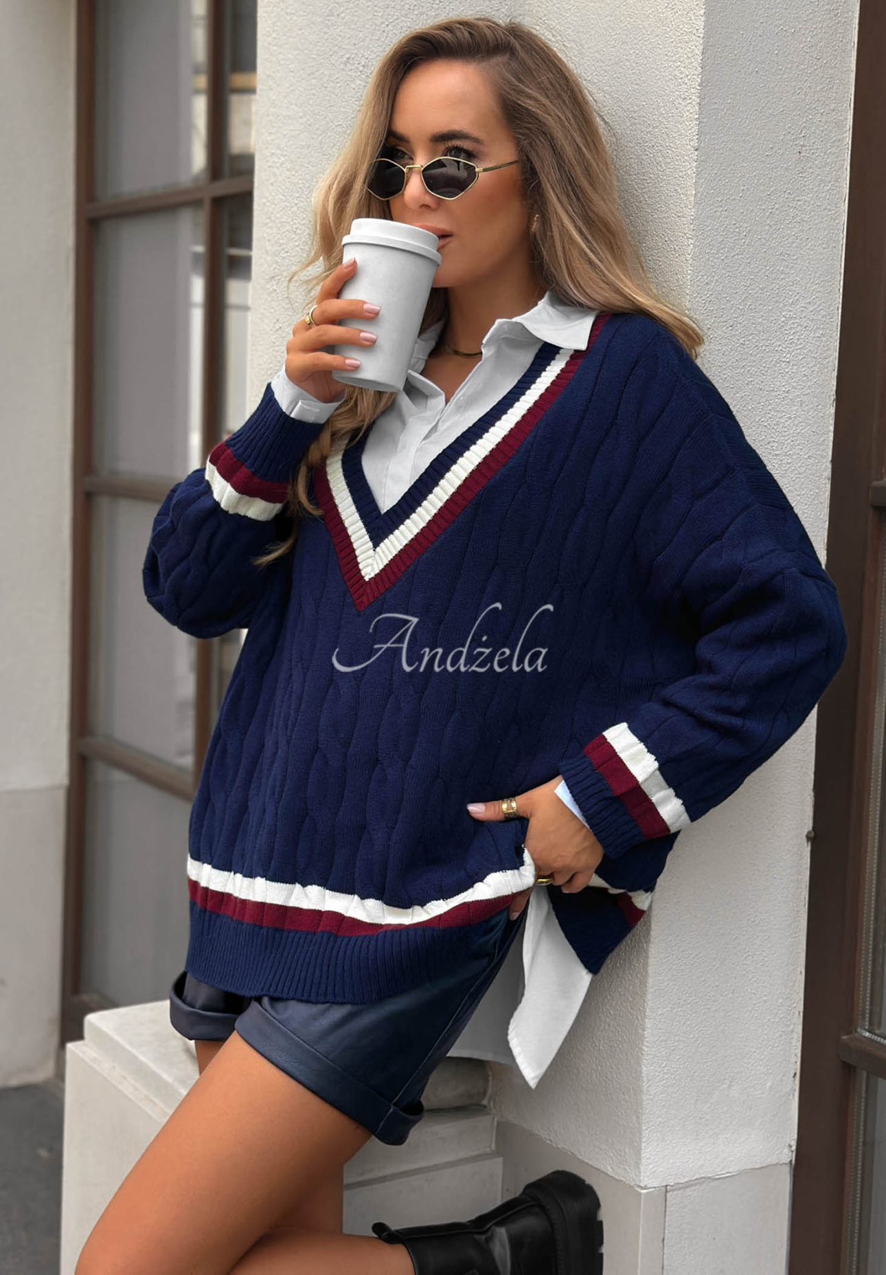 Casual Girl Navy Blue Oversized Sweater with Viscose