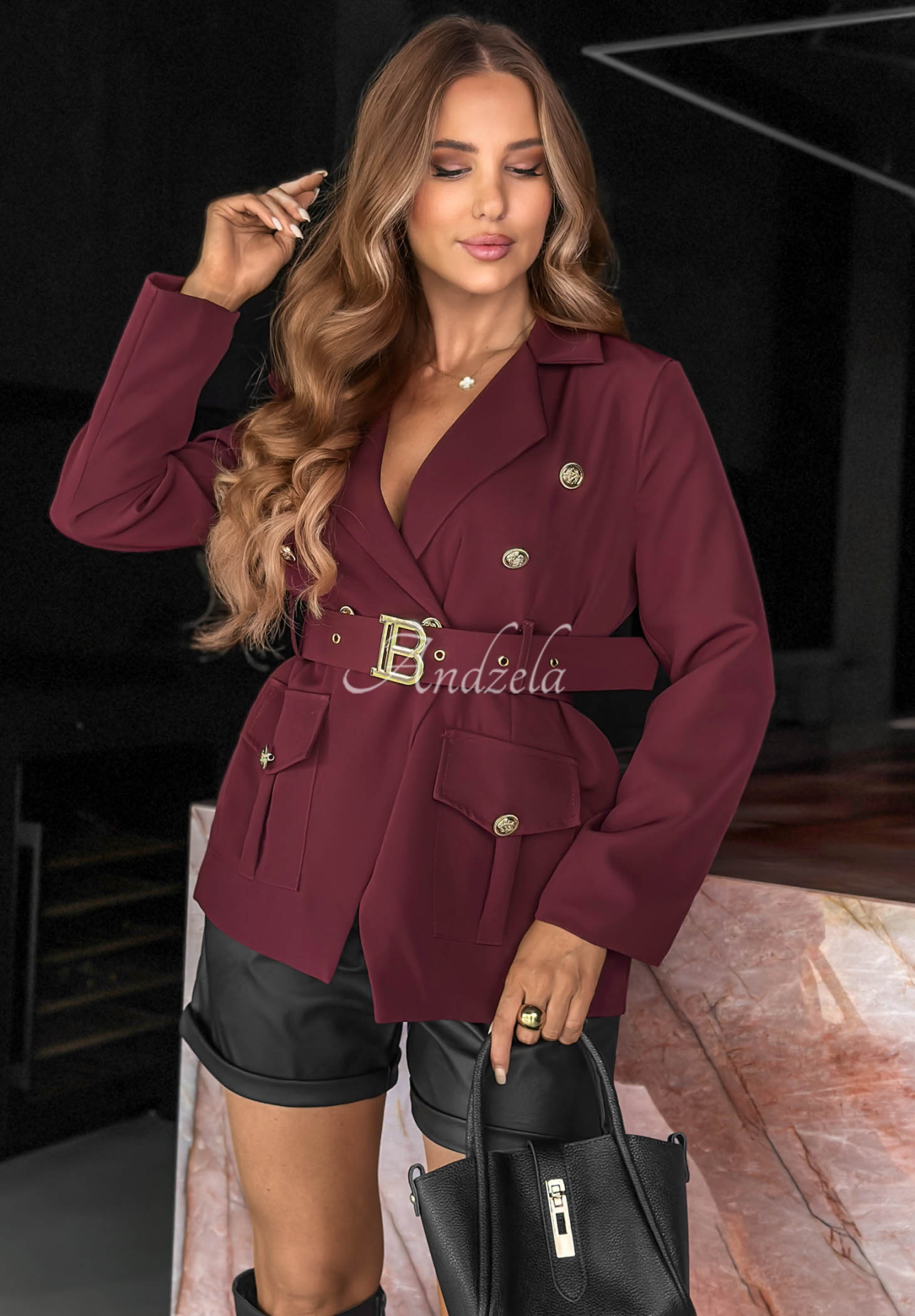 Elegant Coffee Date burgundy blazer with a belt