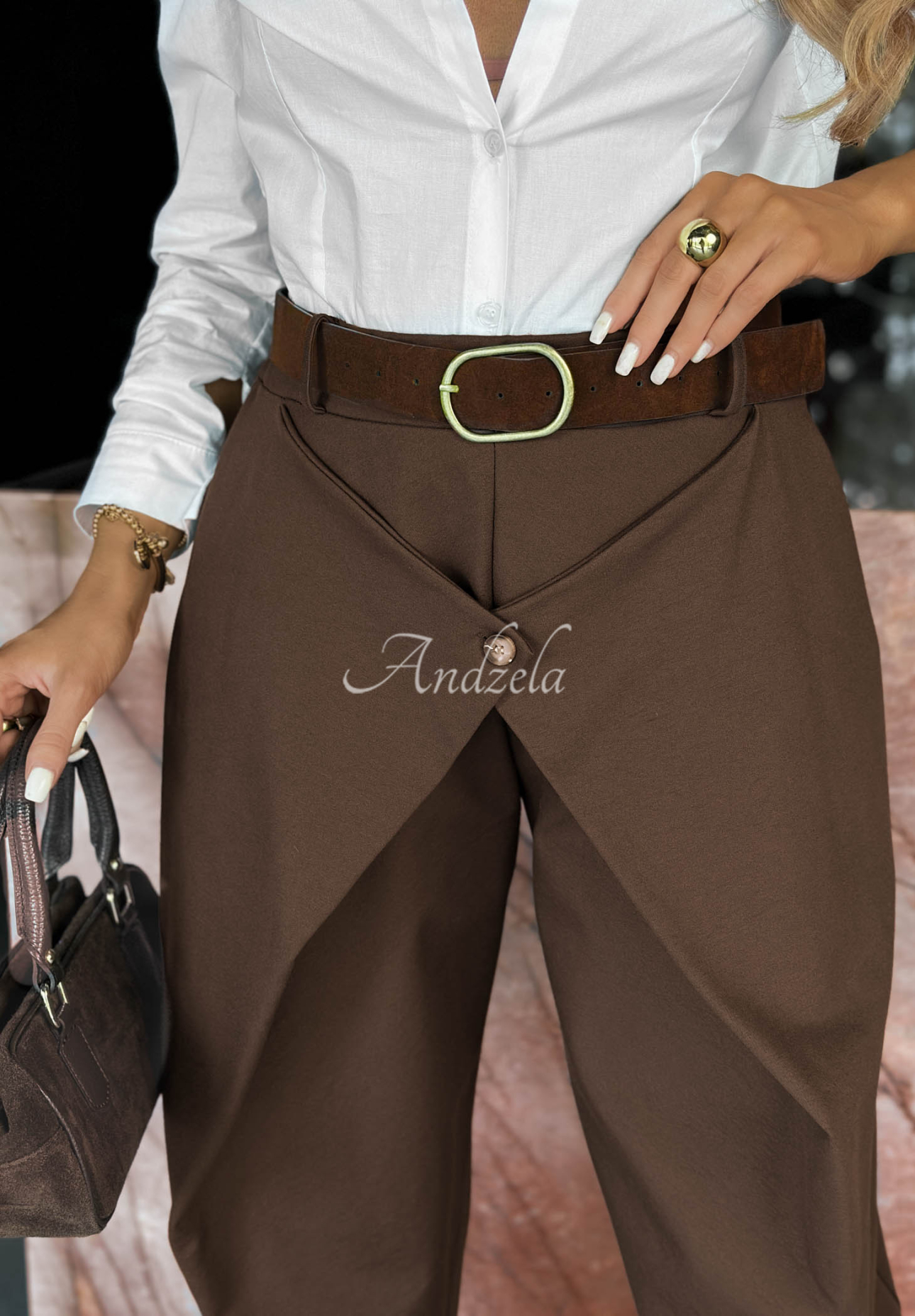Cozy Trails Chocolate-Colored Viscose Pants with a Wrap-Around Front