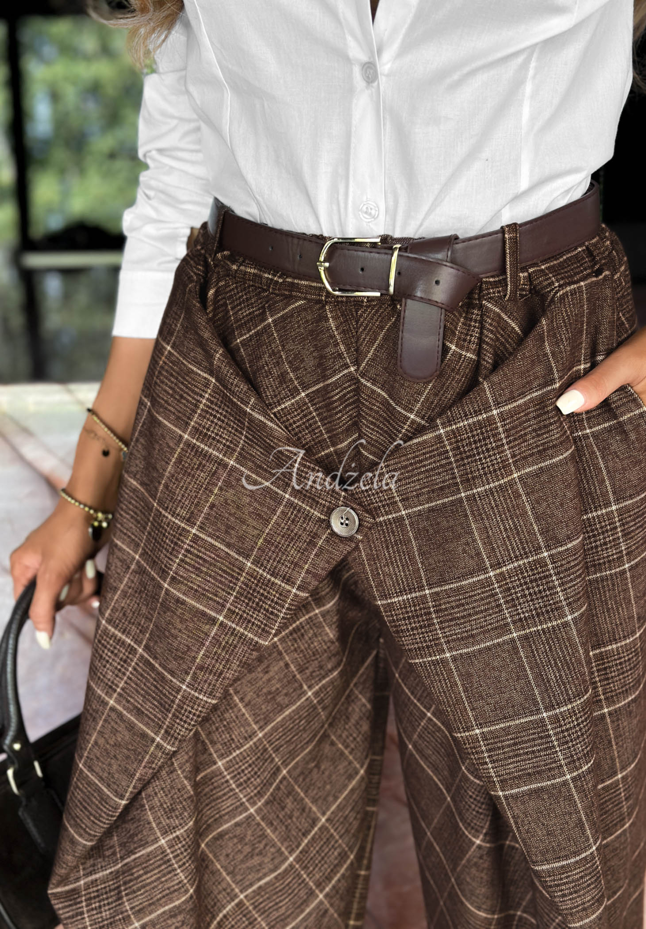 Checked Harmony Chocolate-Brown Checkered Pants with a Wrap-Around Front