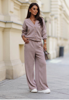Prążkowany komplet sweter i spodnie wide leg Simple Escape czekoladowy