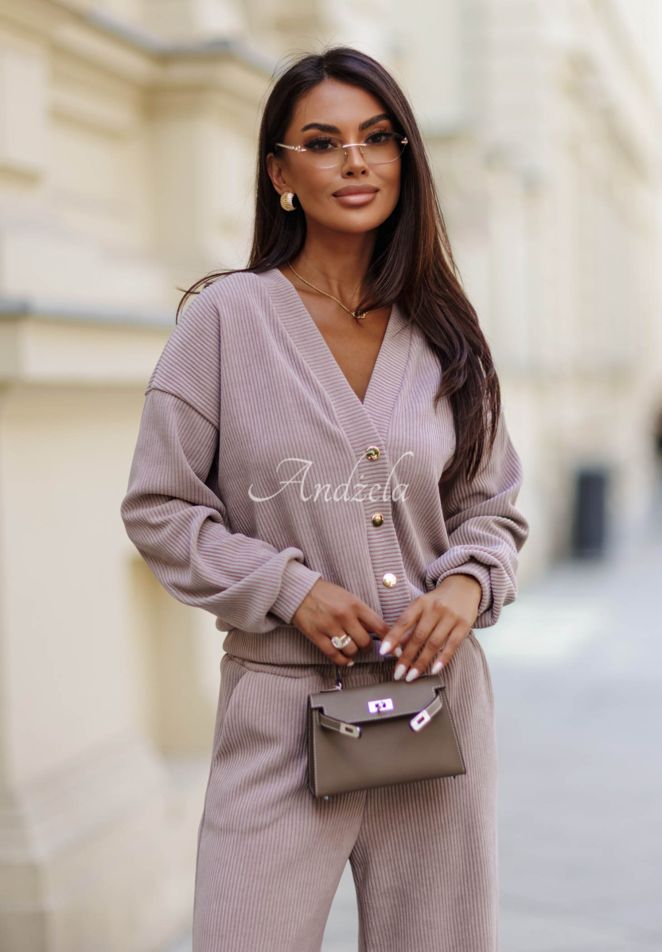 Sztruksowy komplet bluza i spodnie wide leg z bawełny Simple Escape beżowy
