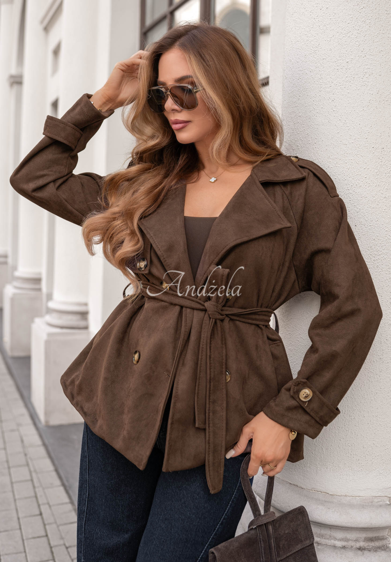 Fog Season Short Suede Coat with Belt in Chocolate Brown