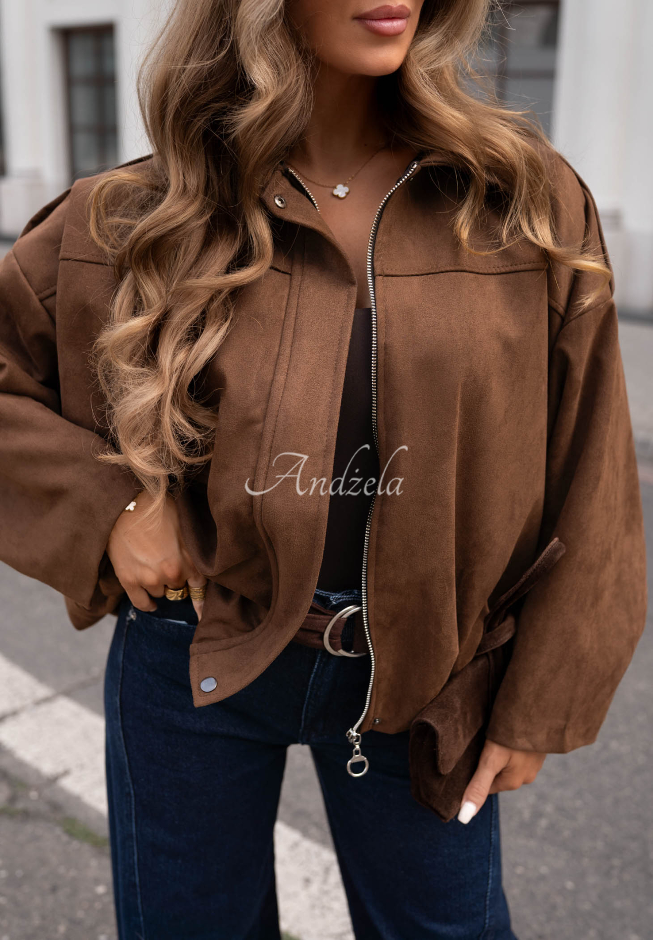 Early Season chocolate brown oversized suede bomber jacket
