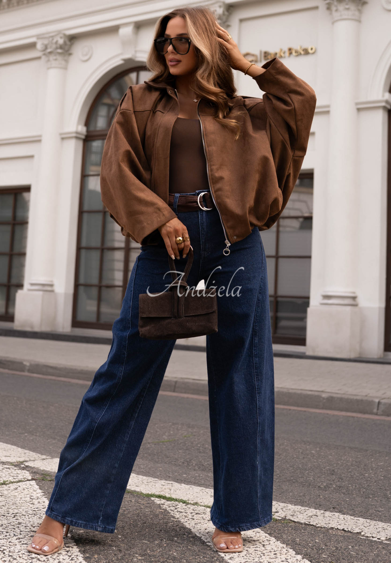 Early Season chocolate brown oversized suede bomber jacket