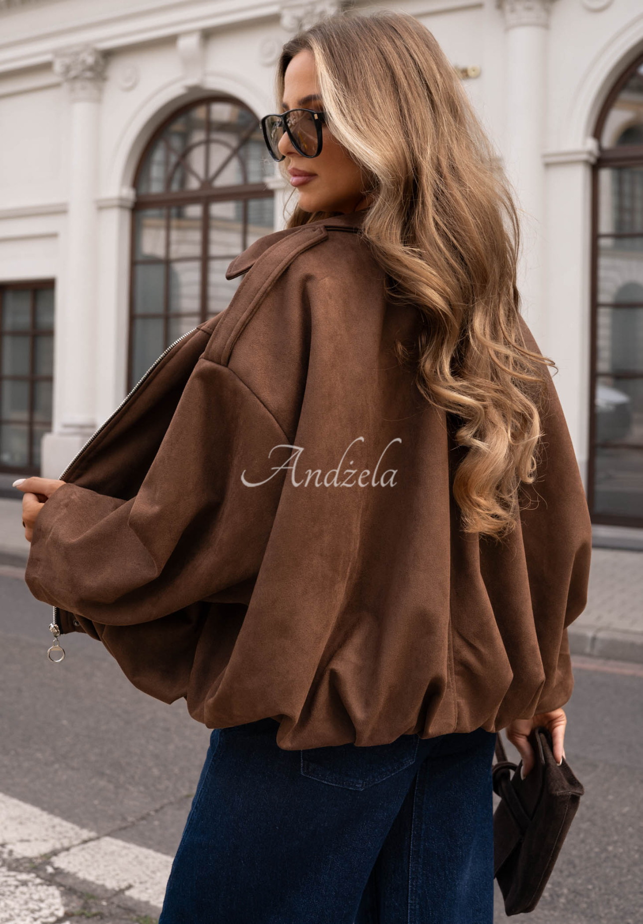 Early Season chocolate brown oversized suede bomber jacket